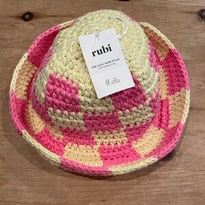NWT rubi Kelly Crochet Bucket Hat pink yellow Checkerboard cotton  OS